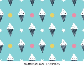 Seamless pattern with ice cream cones, dots and stars on the blue background. Fun tasty ornament for textile, scrapbook, packing, wrapping paper, poster, tile. Vector illustration