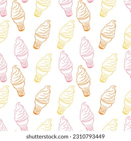 seamless pattern with ice cream cones hand drawn in vector. Summer mood, sweet