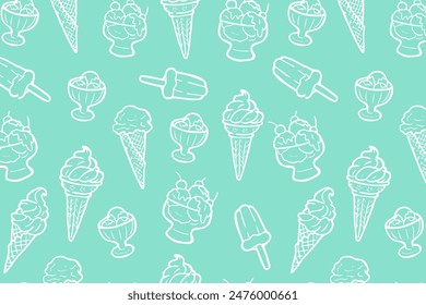 Seamless pattern with ice cream cones, and popsicles on a mint green background. Summer dessert theme for design and print.	