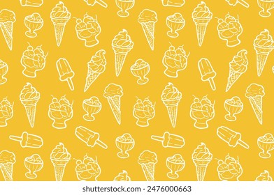 Patrón sin costuras con conos de helado y paletas sobre un fondo amarillo menta. Tema de postre de verano para diseño e impresión.	