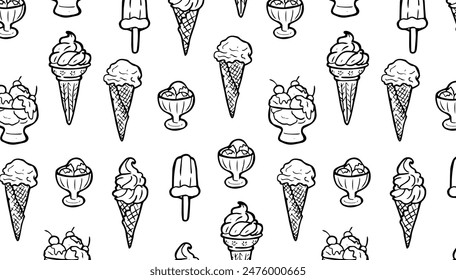 Seamless pattern with ice cream cones, and popsicles on a white background. Summer dessert theme for design and print.