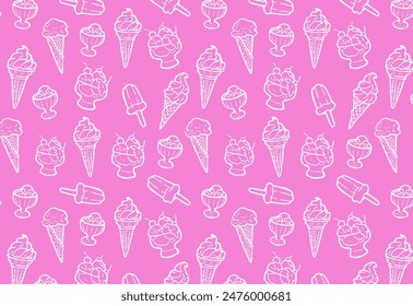 Patrón sin costuras con conos de helado y paletas sobre un fondo rosa. Tema de postre de verano para diseño e impresión.	