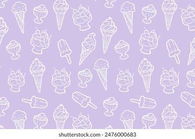 Seamless pattern with ice cream cones, and popsicles on a lilac background. Summer dessert theme for design and print.	