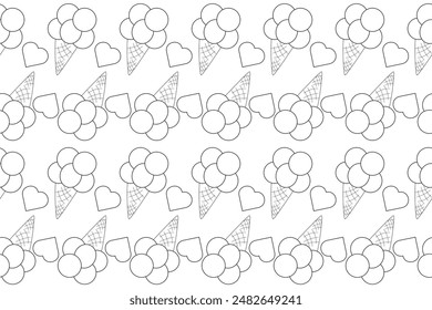 Patrón sin fisuras de conos de helado e ilustración de contorno de corazones para una página para colorear divertida y atractiva. Perfecto para niños y proyectos de bricolaje.