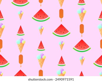 Seamless pattern with ice cream cones and watermelon slices. Ice cream balls in a waffle cone, ice cream on a stick. Triangular slices of watermelon. Design of covers and banners. Vector illustration