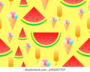 Seamless pattern with ice cream cones and watermelon slices. Ice cream balls in a waffle cone, ice cream on a stick. Triangular slices of watermelon. Design of covers and banners. Vector illustration