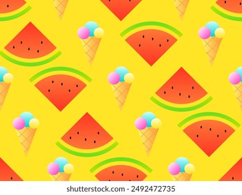 Seamless pattern with ice cream cones and watermelon slices. Ice cream balls in a waffle cone, ice cream on a stick. Triangular slices of watermelon. Design of covers and banners. Vector illustration