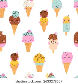 Seamless pattern with ice cream cones with toppings in a playful cartoon style.  Vector illustration
