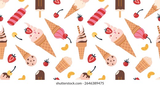 Seamless pattern with ice cream cones, popsicles and fruits. Sweet and colorful design perfect for summer food themes and packaging. Vector illustration on white background, hand drawn, flat