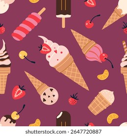 Seamless pattern with ice cream cones, popsicles and fruits. Sweet and colorful design perfect for summer food themes and packaging. Vector illustration on purple background, hand drawn, flat