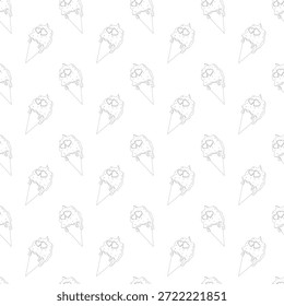 Patrón sin fisuras de conos de helado con cucharadas en forma de corazón y goteos derretidos. Perfecto para el papel de regalo del Día de San Valentín, papelería y fondos de temática romántica