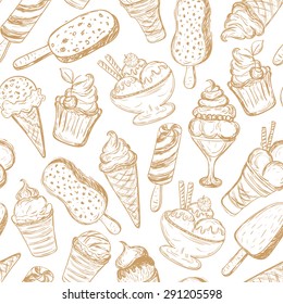 seamless pattern with ice cream cones hand drawn in vector.
