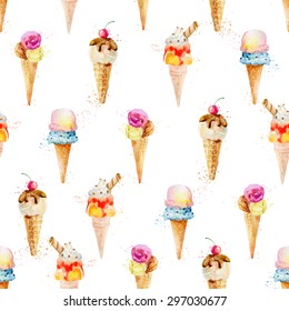 Seamless pattern with ice cream cones isolated on white background. Watercolor painting with spray paint. Different flavors. Vector illustration