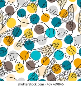 Seamless pattern with ice cream cones on a polka dot background.