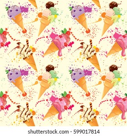 Seamless pattern with Ice cream cones with glaze, Chocolate, strawberry, blueberry and cherry, on light yellow background with bright colors drops. Grunge style.