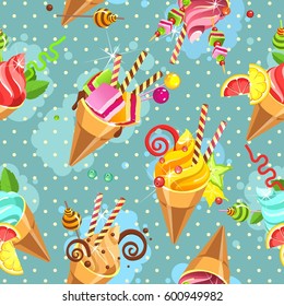 Seamless pattern ice cream cones of whipped cream of different color and taste pieces of candy filled with sweets marshmallows, straws, on a blue background with dots