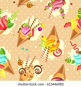 Seamless pattern ice cream cones of whipped cream of different color and taste pieces of marshmallows filled with sweets marshmallows, straws, on a beige background with dots