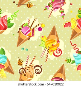 Seamless pattern ice cream cones of whipped cream of different color and taste pieces of marshmallows filled with sweets marshmallows, straws, on a beige background with dots