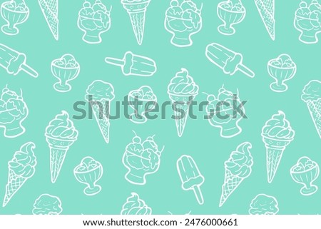 Seamless pattern with ice cream cones, and popsicles on a mint green background. Summer dessert theme for design and print.	