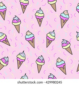 Seamless pattern with ice cream and confetti on a pink background. For cards, invitations, wedding or baby shower albums, backgrounds, arts and scrapbooks. Vector illustration.