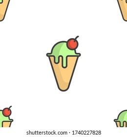 Seamless pattern with ice cream in a conical waffle cup with cherry on top. Multicolored cartoon performance. Filling the canvas with images of different sizes. Isolated vector on a white background.