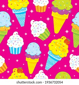 Seamless pattern of ice cream and cup cakes with bright color