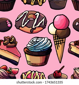 Fondo incomparable con donuts, helados, pastelitos y caramelos