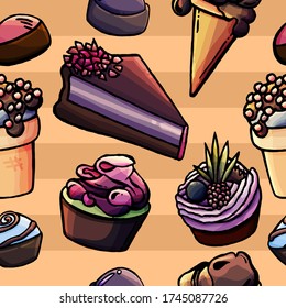 Seamless pattern with ice cream, cupcakes, sweets, striped background, cartoon style, fabric pastry shop, flat style, clothes, gift paper, packaging, print, party, for kids, cafe, gastronomy, dessert