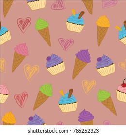 
Seamless pattern with ice cream, cupcakes and hearts vector illustration