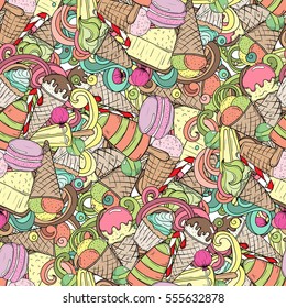 Seamless pattern with ice cream, cupkake, cheesecake, macaroon and other sweets doodles hand drawn illustration.