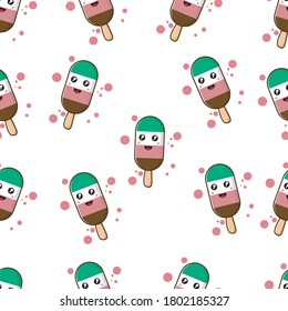 Seamless pattern. ice cream in cute happy smile style.