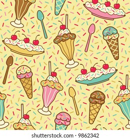 Seamless pattern of ice cream desserts with cherries on a vanilla background.