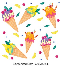seamless pattern of ice cream , different kinds of fruit, raspberries , blueberries, lemon , orange, mint, vector, white background