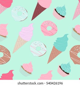 Seamless pattern with ice cream, donuts, cupcakes on blue background