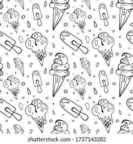  Seamless pattern of ice cream in Doodle style. Black outline on a white background. For menu design, product packaging, fabric
