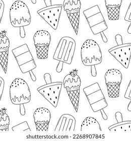 Seamless pattern with ice cream in doodle style. Vector illustration. Linear print with ice cream.