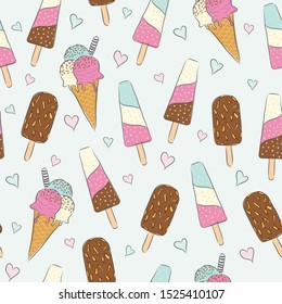 Seamless pattern of ice cream doodles with pink and blue hearts. 