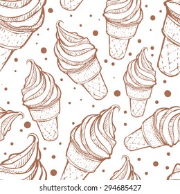 Seamless pattern with ice cream and dots hand drawn. Great for wrapping paper, textiles, dessert menu and other food designs. Sketch style vector illustration.
