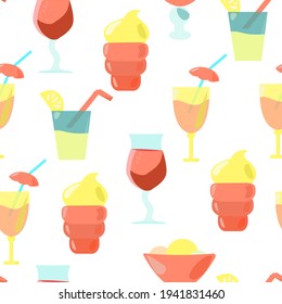 Patrón inmaculado con helados y bebidas en un fondo blanco