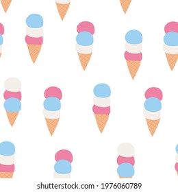 Seamless pattern with ice cream elements in a cone. Sweet summer delicacy with different tastes,collection isolated popsicle with different topping.Vector illustration for web,design, print.	
