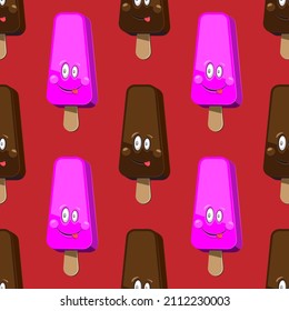 seamless pattern ice cream face smile chocolate vanilla on red background vector image eps