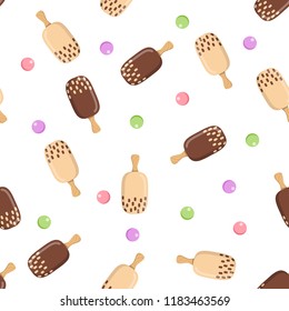 Seamless pattern with ice cream in flat style. Colorful summer background. Wrapping paper, fabric, wallpaper, background design. Vector illustration.