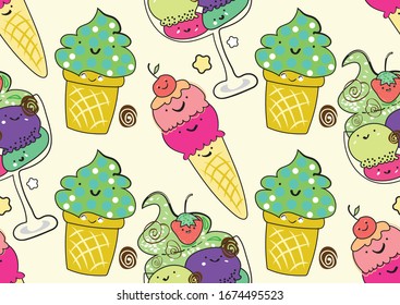 Seamless pattern with ice cream. Flat cartoon style. Vector illustration. Graphic for fabric.