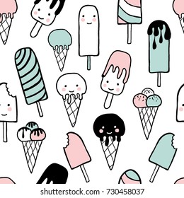 Seamless pattern with ice cream flat cute icons.Hand drawn kawaii ice cream in waffle cones, ice lolly. Cartoon characters. Fun happy doodles for kids. Vector illustration