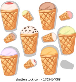 Seamless pattern of ice cream flavors in waffle cones and different color. Flat vector illustration on white background