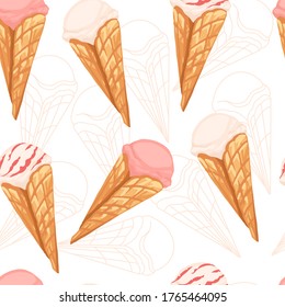 Seamless pattern of ice cream flavors in waffle cones and different color. Flat vector illustration on white background