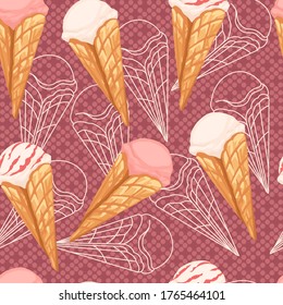 Patrón sin foco de sabores de helados en conos de gofre y color diferente. Ilustración vectorial plana sobre fondo punteado rosado