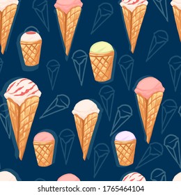 Seamless pattern of ice cream flavors in waffle cones and different color. Flat vector illustration on blue dotted background