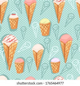 Patrón sin foco de los sabores de helados en conos de gofre con diferentes colores de ilustración vectorial plana sobre fondo con puntos turquesa