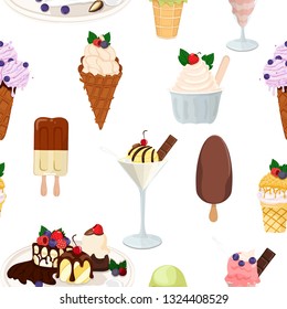 Seamless pattern with ice cream, fruits, strawberries. Wrapping paper, fabric, wallpaper, background design.